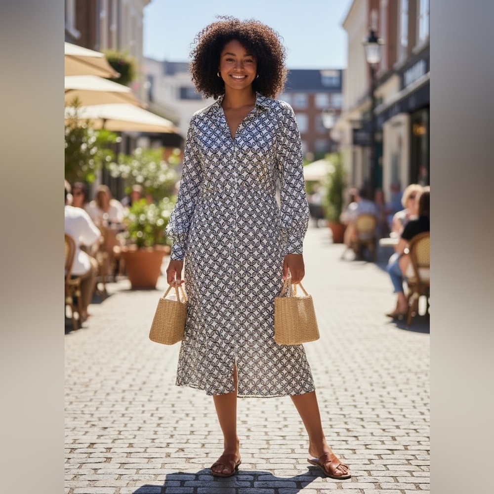Gorgeous graphic shirt dress, very flattering